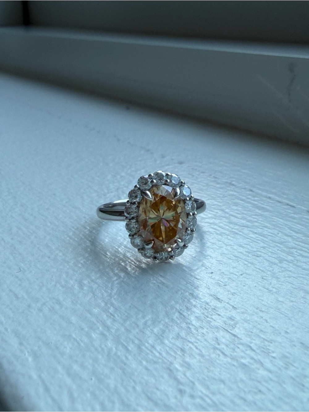 Silver yellow moissanite halo ring